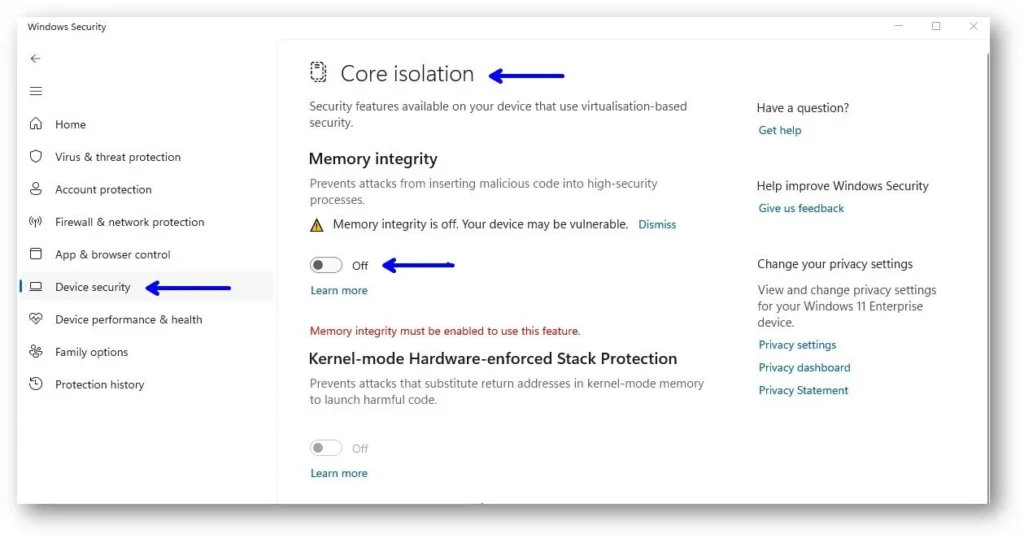 Disable Core Isolation