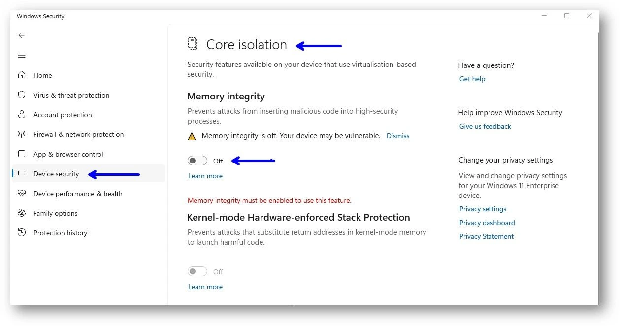 Disable Core Isolation