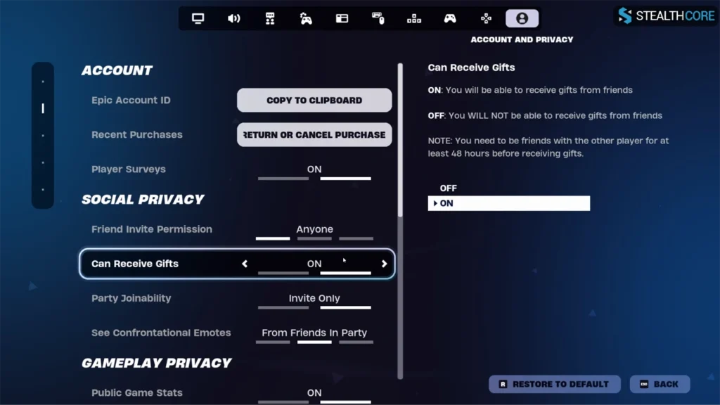 setting can receive gifts